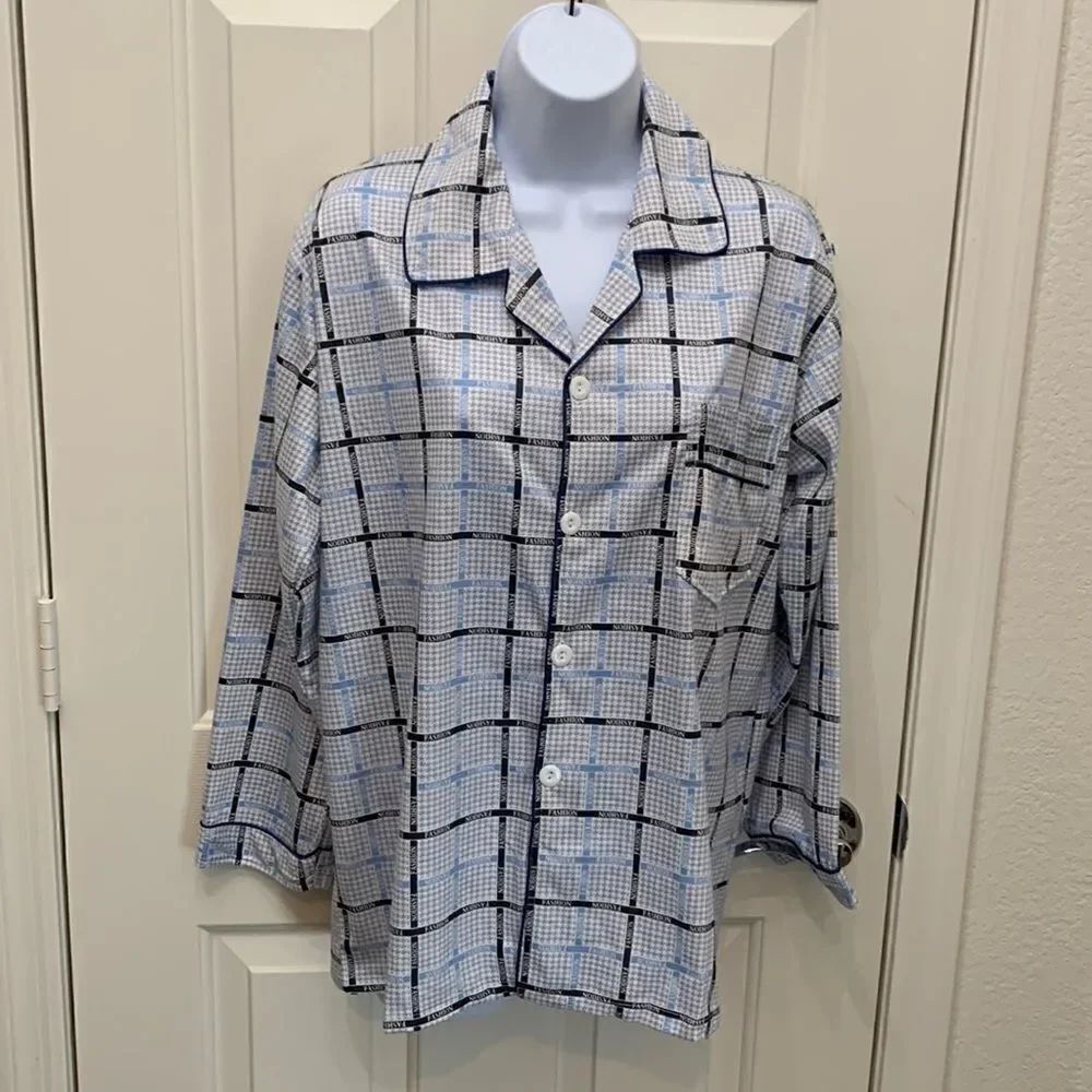 Ya Oi Medium FASHION Blue Gray Pajama Top V Neck Collar Button Front Long Sleeve